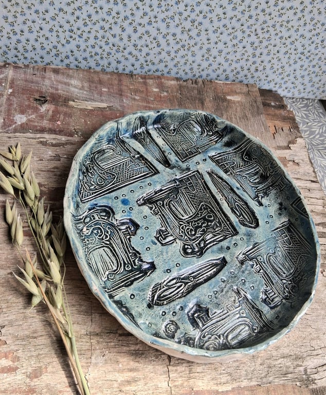 vintage sewing machine scissors rimmed cake plate ceramic handmade stoneware