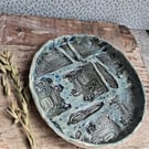 vintage sewing machine scissors rimmed cake plate ceramic handmade stoneware