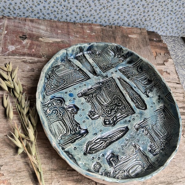 vintage sewing machine scissors rimmed cake plate ceramic handmade stoneware