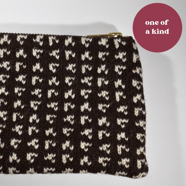 Glider Grid purse, large, natural undyed dark brown and white Shetland wool