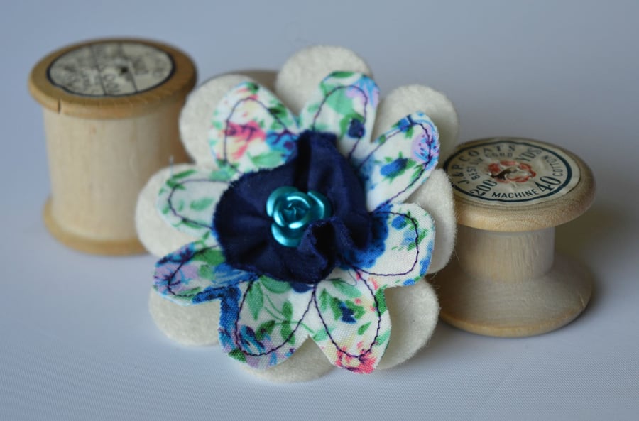 Flower Corsage, Flower Brooch, Fabric Flower Brooch, Blue Brooch