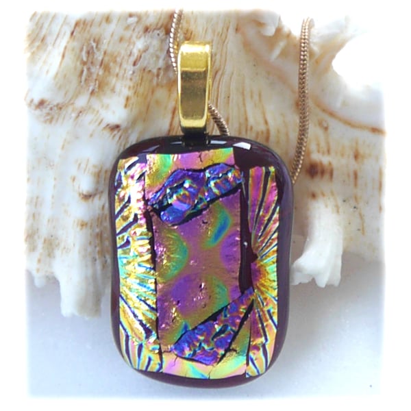 Dichroic Glass Pendant 178 Plum Shimmers Handmade with gold plated chain