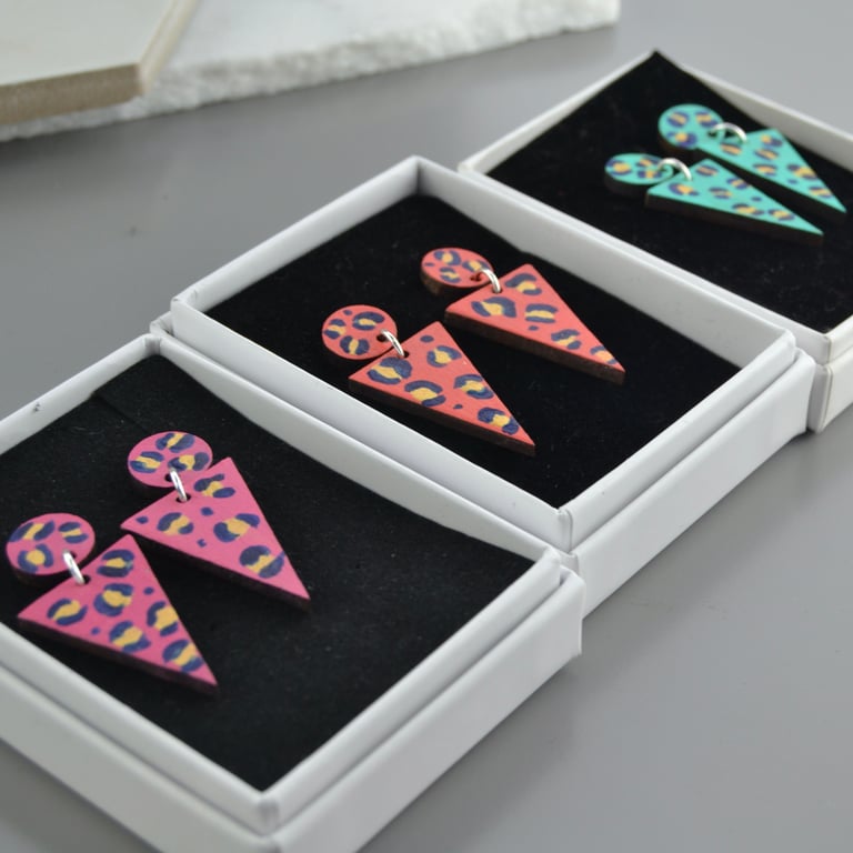 Colourful Leopard Print Painted Two-part Dangly Earring with Triangle