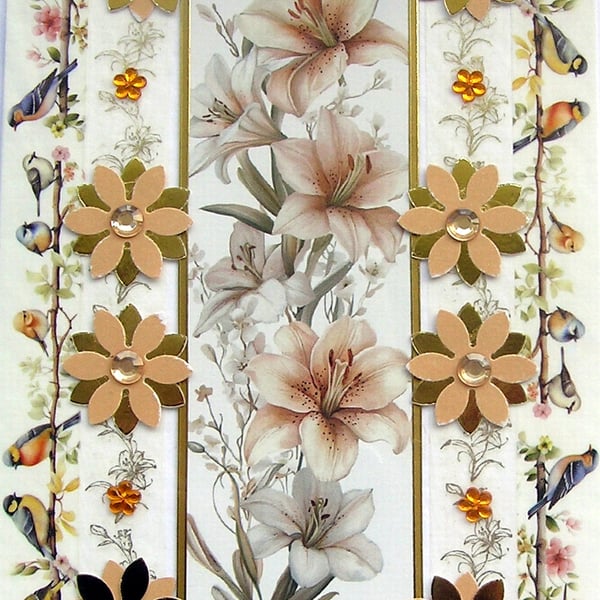 Apricot Lily Flowers Hand Crafted Decoupage Greeting Card - Blank 3254