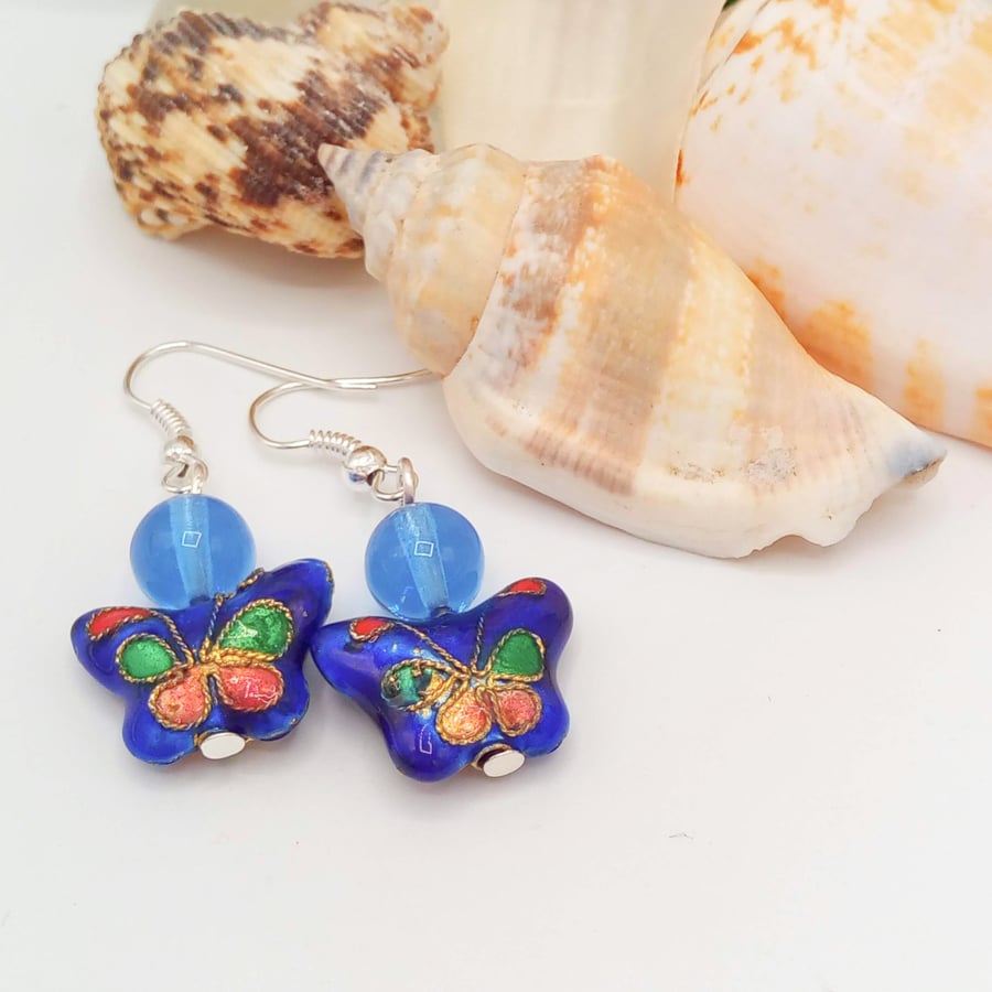 Cobalt Blue Cloisonne Butterfly Bead Earrings, Ladies Earrings, Gift for Her