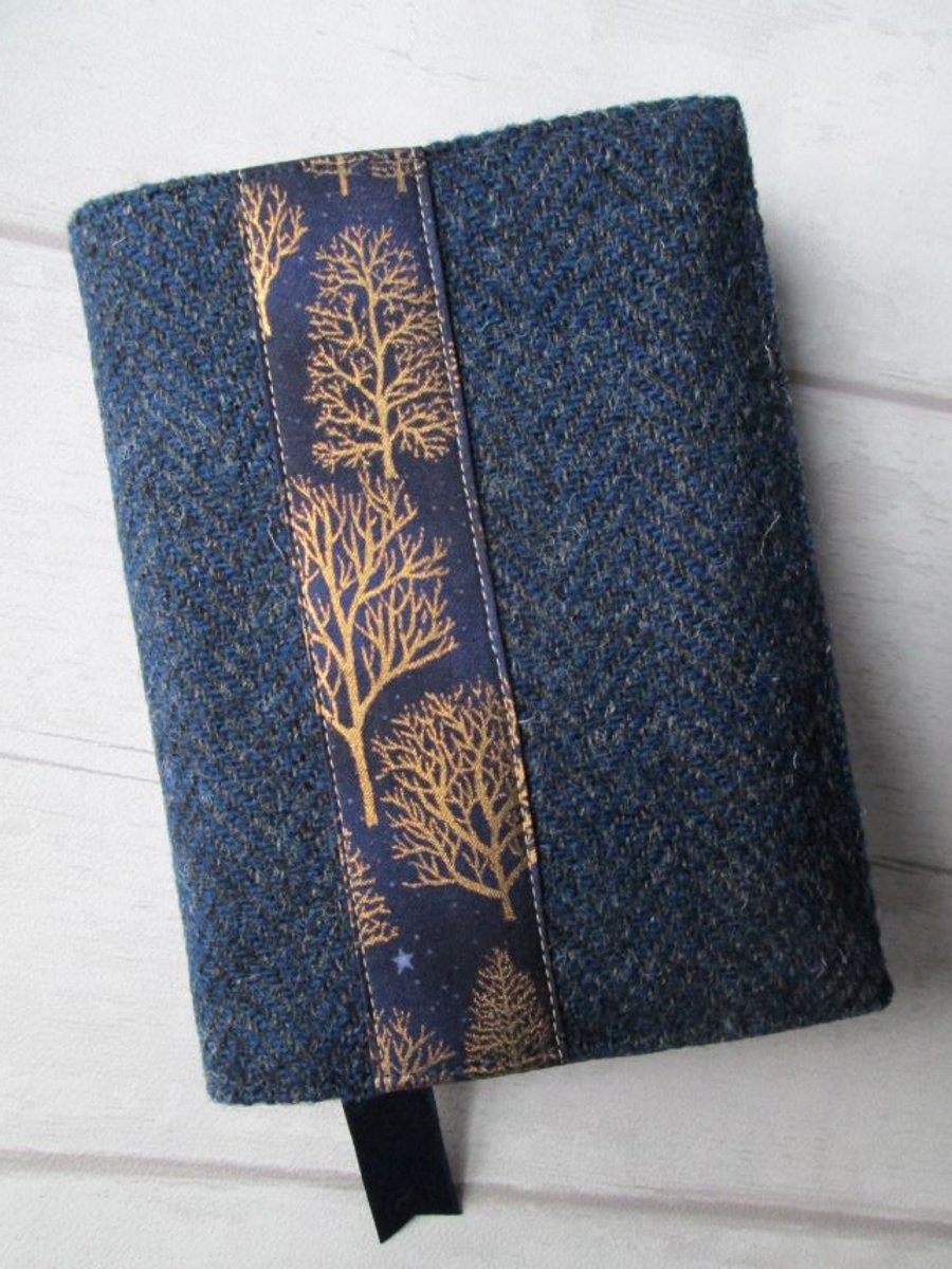 SOLD - A6 'Harris Tweed' Reusable Notebook, Diary Cover - Navy with Gold Trees
