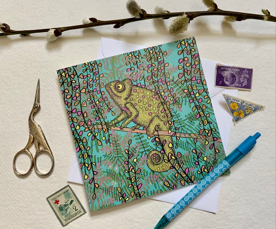 Chameleon, blank greetings card