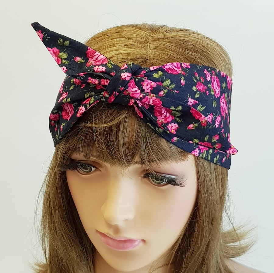 Floral hairband, rockabilly head scarf, self tie hair scarf, bandanna