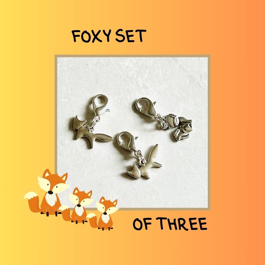 Fox clip on charm, set of three, zipper pulls or stitch markers craft supplies