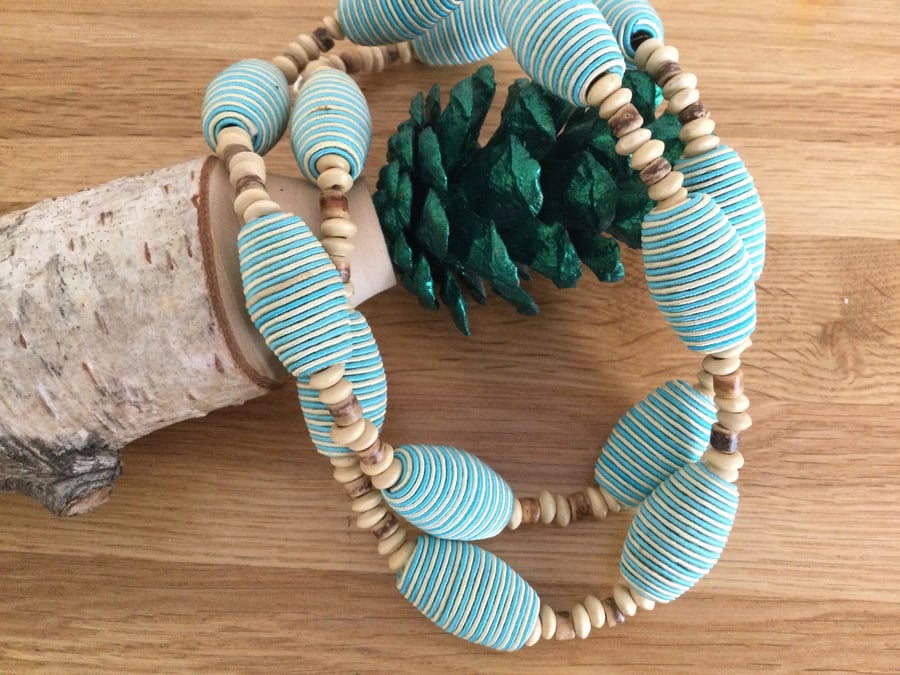 Turquoise and Cream Linen Striped Beads and Wooden Bead Necklace
