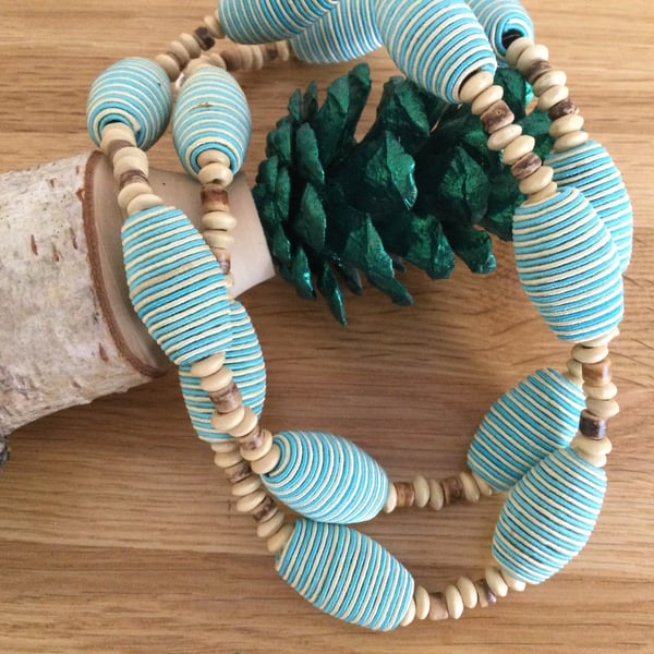 Turquoise and Cream Linen Striped Beads and Wooden Bead Necklace