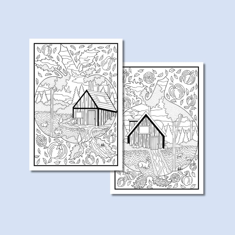 (Digital) Pumpkin Autumn Cabins Two Colouring Pages
