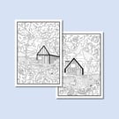 (Digital) Pumpkin Autumn Cabins Two Colouring Pages
