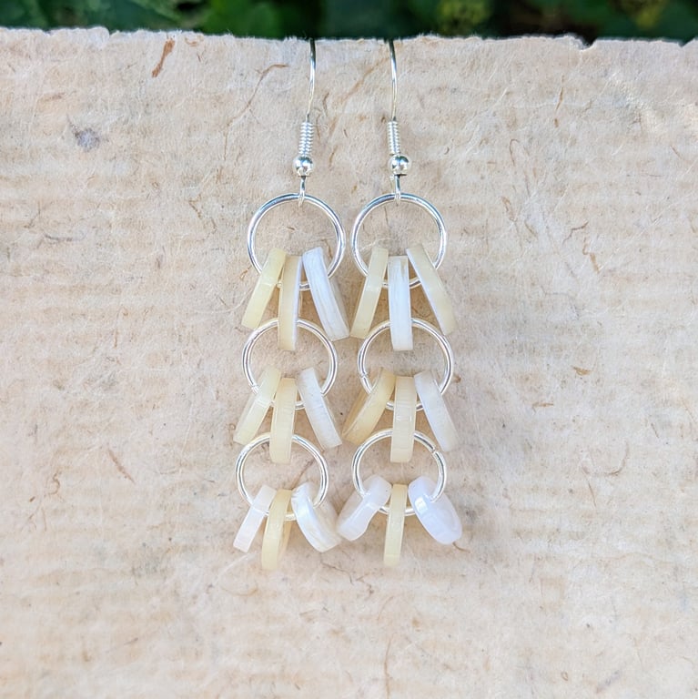 Pearl button chandelier earrings with silver plated ear wires