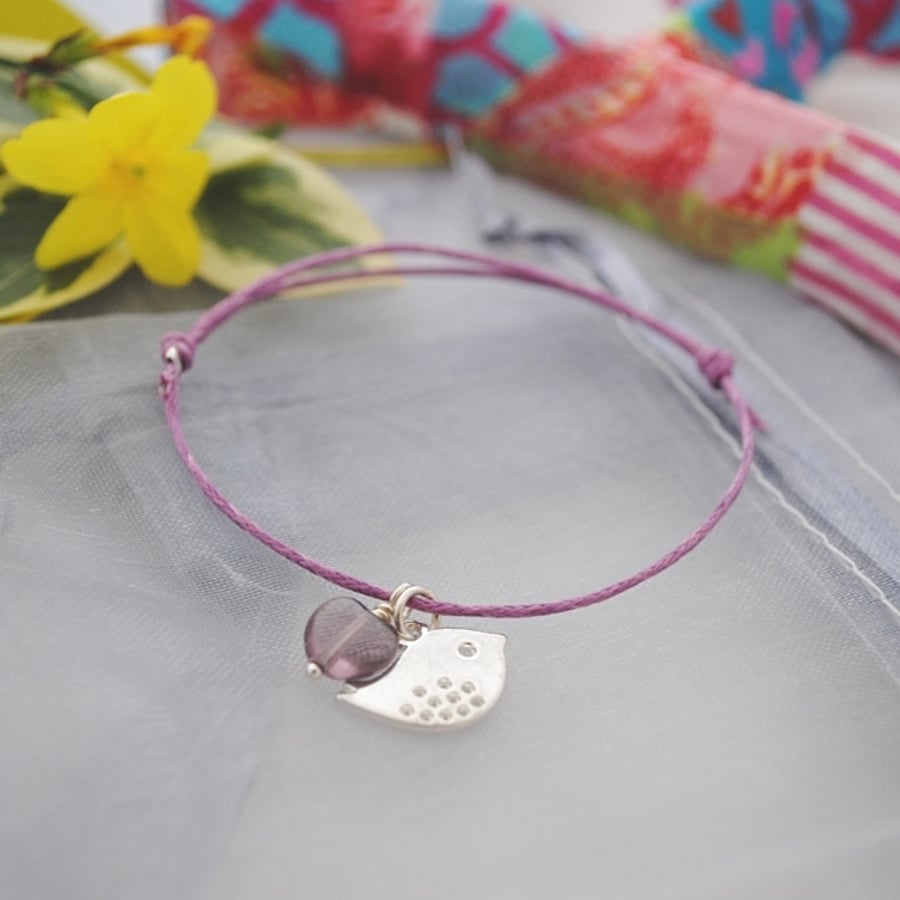 Friendship Bracelet-Violet cord with silver bird & heart bead