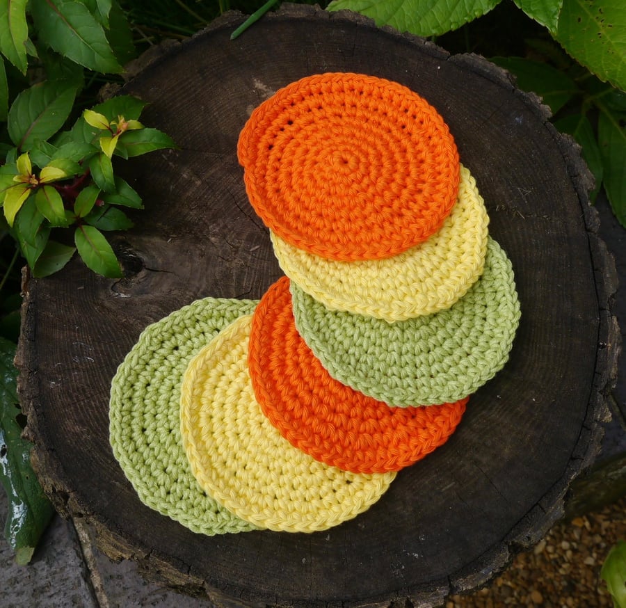 Crochet Coasters Set of Six, Citrus Colours 