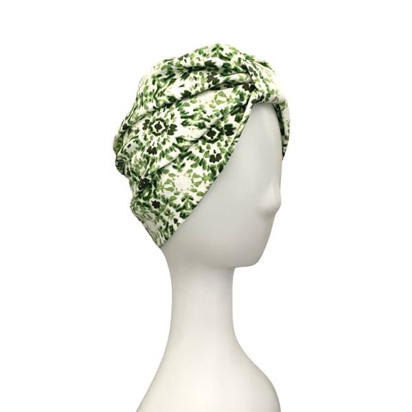 Thick Patterned Vintage Style Turban Hat Head Scarf White and Green for Women