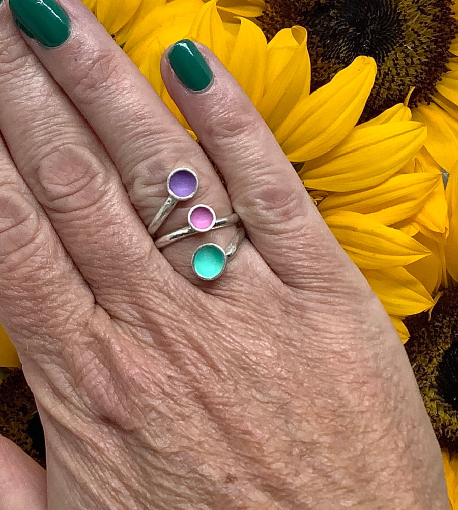 Sterling silver minty green, pink and lilac purple enamel wrap ring 