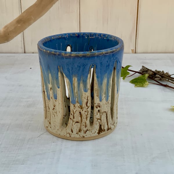 Tealight Candle Holder with winter wood & midnight rain glaze 