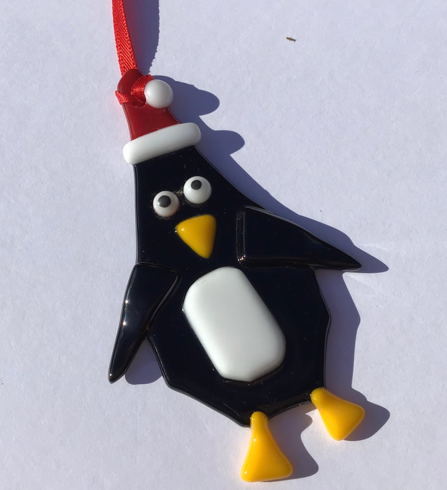 Fused glass penguin Christmas decoration