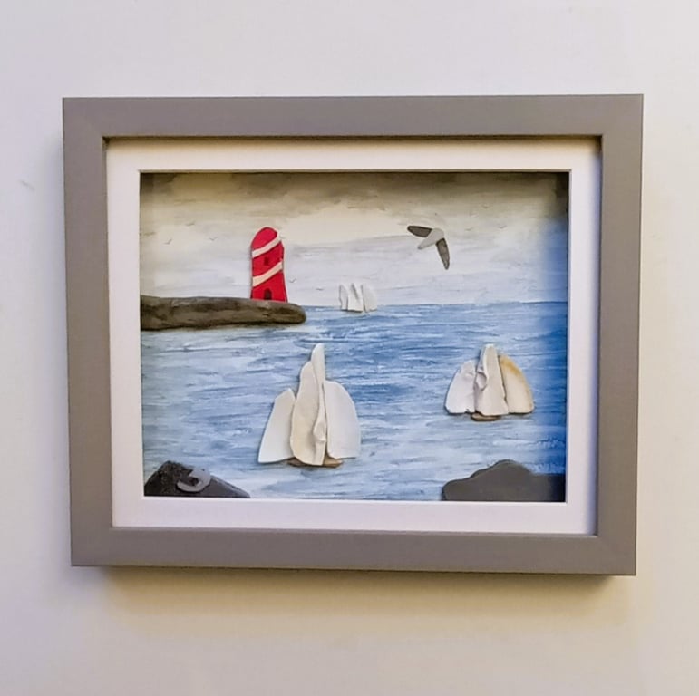Tall Ships and Lighthouse, Coastal Wall Art, Made in Cornwall