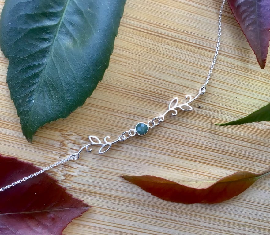 Fine sterling silver emerald stone and leaf connector bracelet