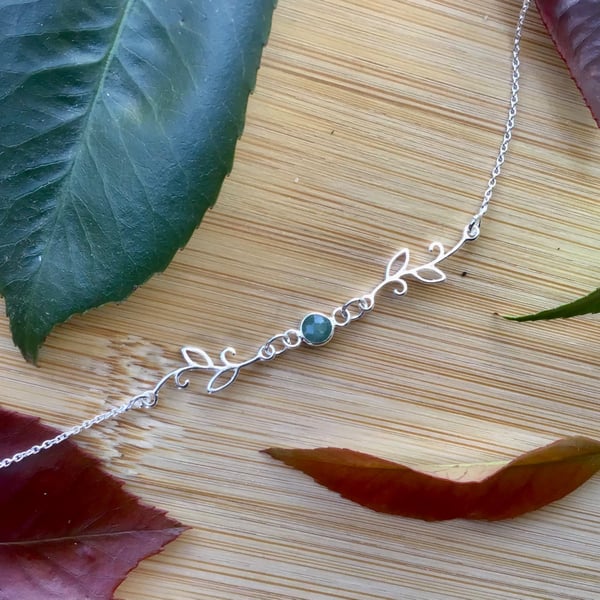 Fine sterling silver emerald stone and leaf connector bracelet