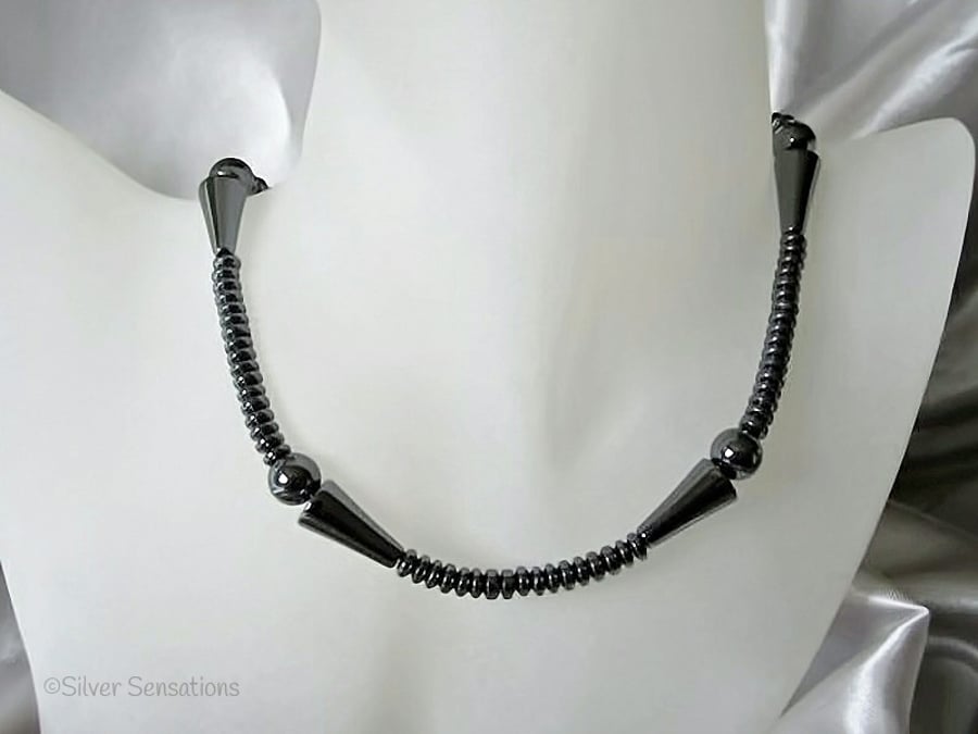 Hematite Cones & Discs Sterling Silver Medium Chunky Necklace
