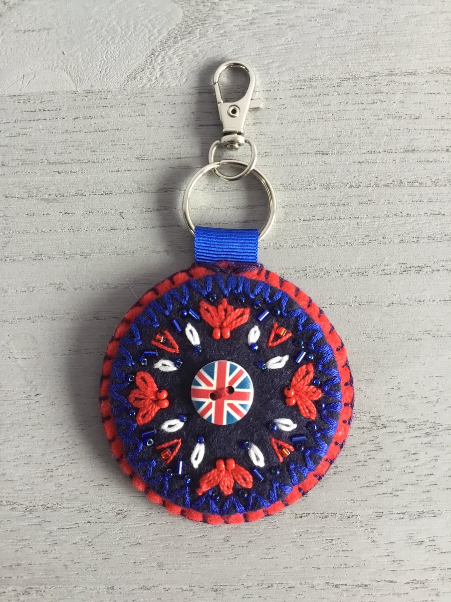 Hand Embroidered Flag Keyring or Bag Charm 