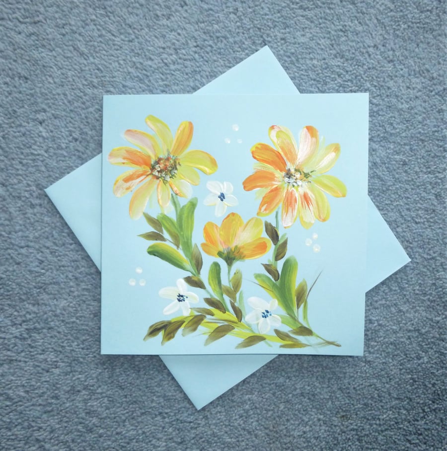 hand painted daisy floral blank greetings card ( ref F369.M3)