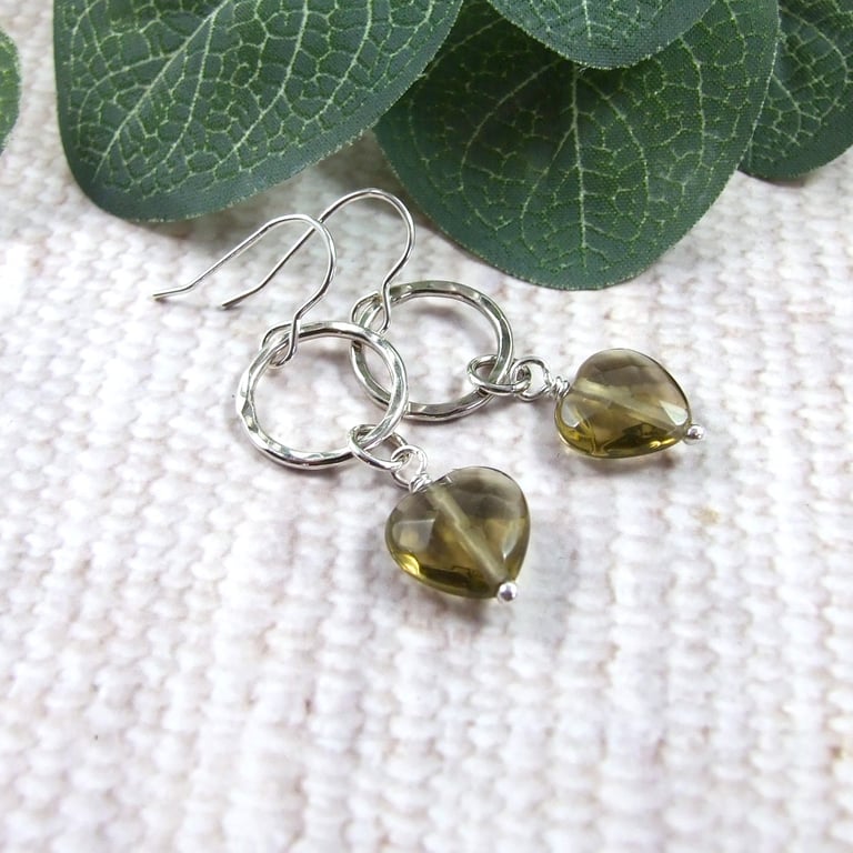 Earrings, Sterling Silver Small Hoop and Smoky Quartz Heart Droppers