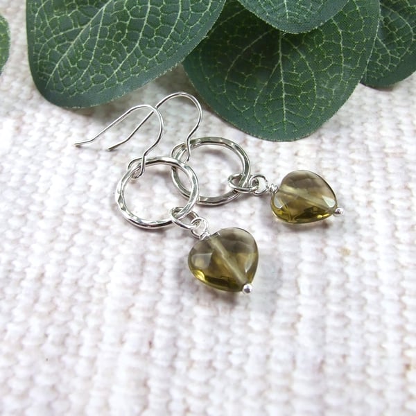 Earrings, Sterling Silver Small Hoop and Smoky Quartz Heart Droppers