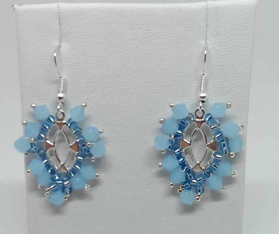 Turquoise Blue Crystal and silver panel earrings for pierced ears