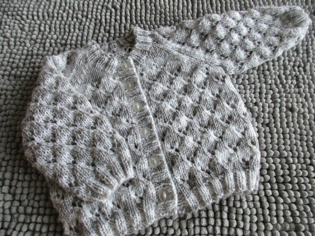 18" Grey & White Round Neck Lacey Baby Cardigan