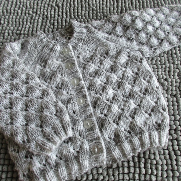 18" Grey & White Round Neck Lacey Baby Cardigan