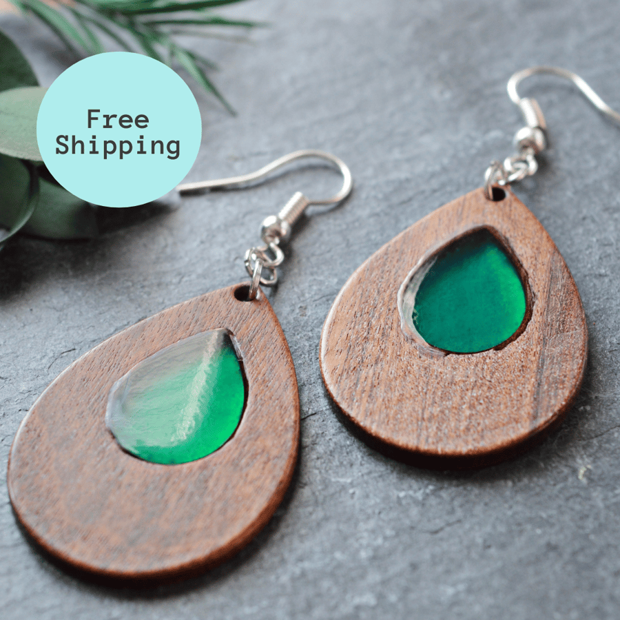Unique Green Resin Teardrop Dangles with Wood Accents - Eco-Friendly Earrings