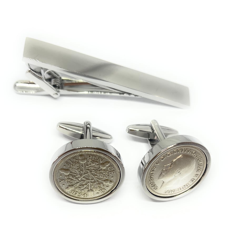 1934 Sixpence Cufflinks 90th birthday gifts for men Tie clip set
