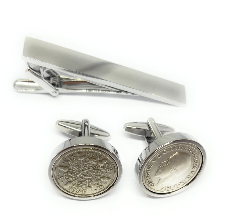 1934 Sixpence Cufflinks 91st birthday gifts for men Tie clip set