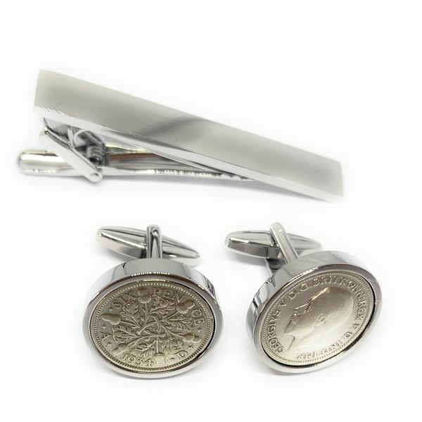 1934 Sixpence Cufflinks 90th birthday gifts for men Tie clip set