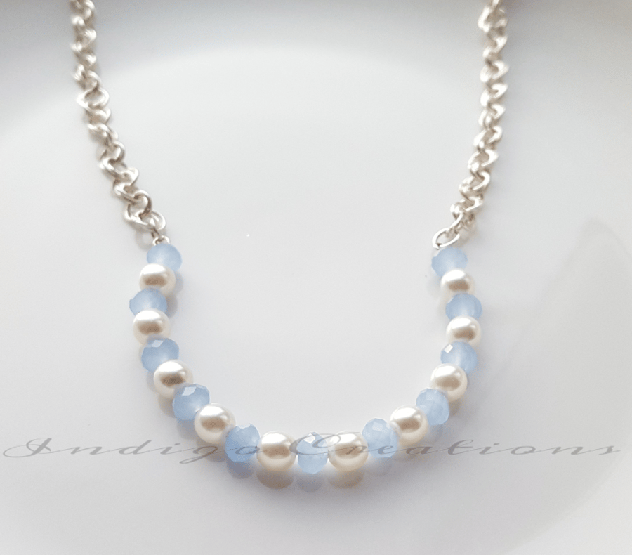 Necklace Pearl And Blue Faceted Bead Chainmaille Necklace