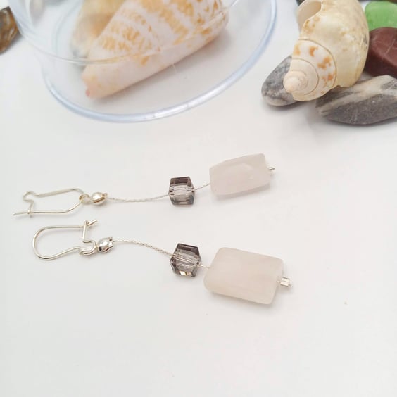 Rose Quartz Rectangle and Smoky Quartz Cube on Silver Crimping Chain Earrings