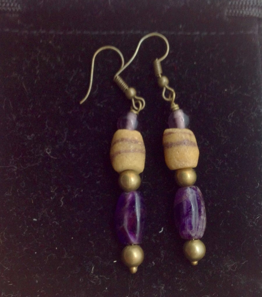 African sand glass and amethyst gemstone earrings.  