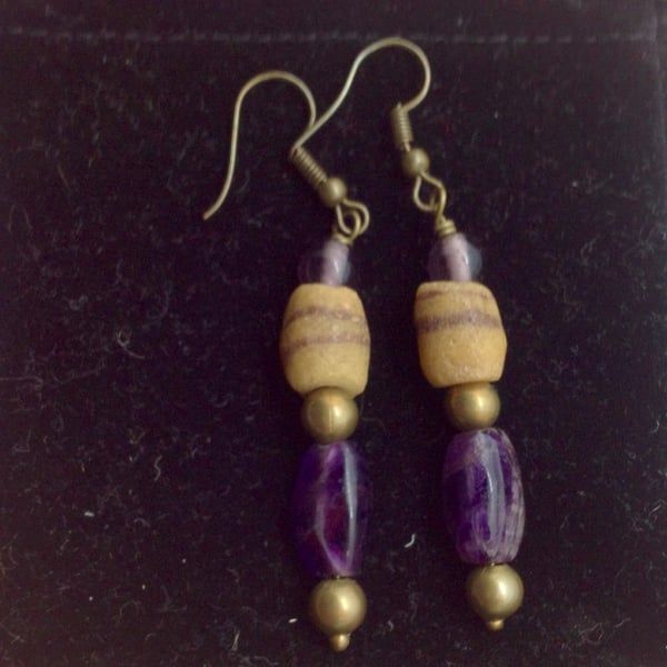 African sand glass and amethyst gemstone earrings.  