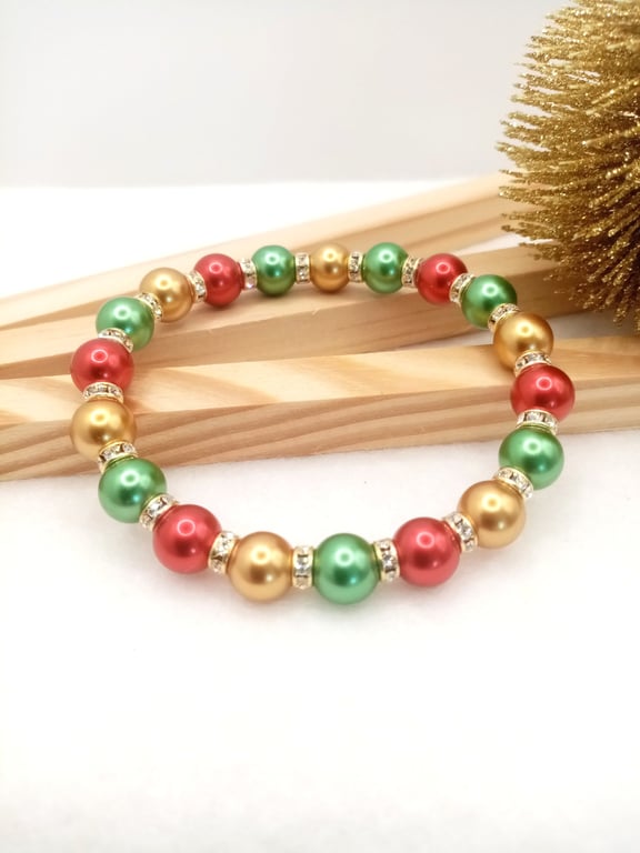 Stretch Bracelet - Christmas Bauble Inspired Pearl Bracelet - Festive Jewellery