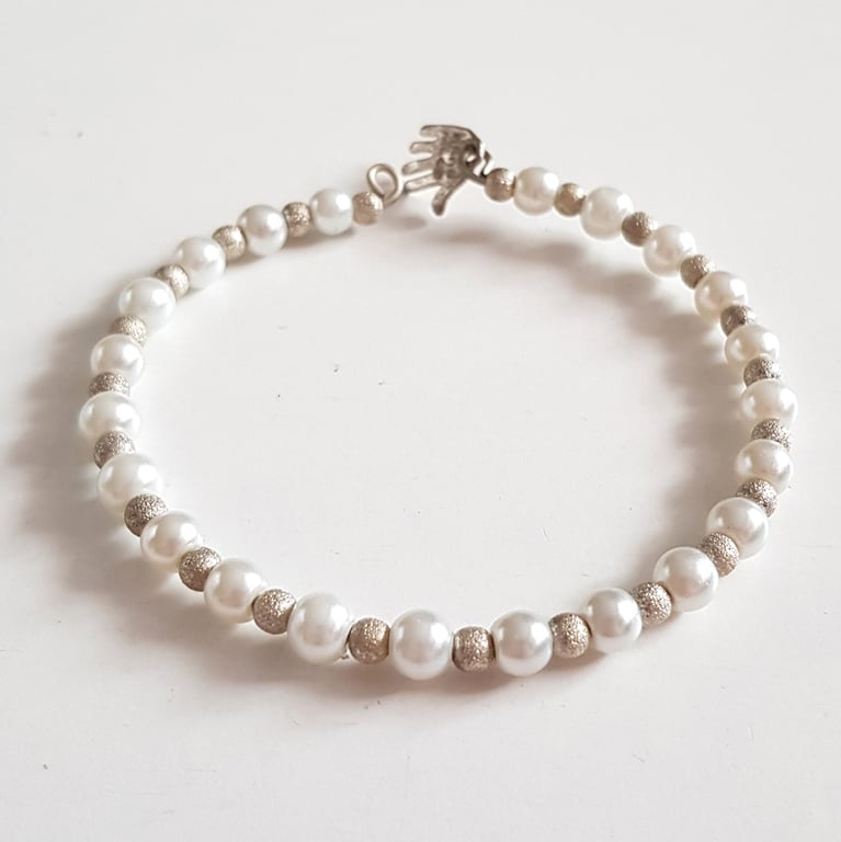 White Pearl Open Cuff Bracelet with Silver Stardust Beads