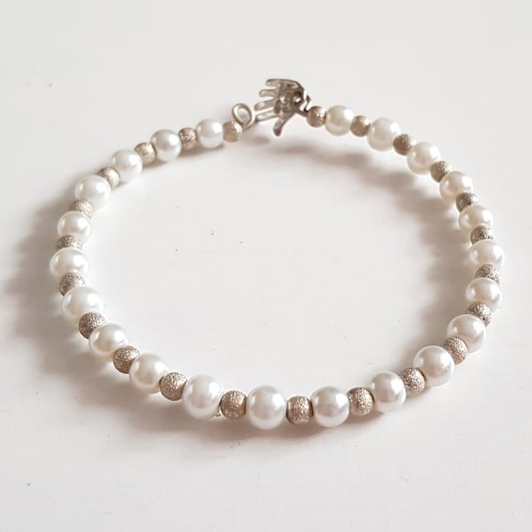 White Pearl Open Cuff Bracelet with Silver Stardust Beads