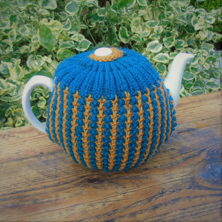 Tea Cosy Petrol and Mustard to fit a large standard size teapot - hand knitted
