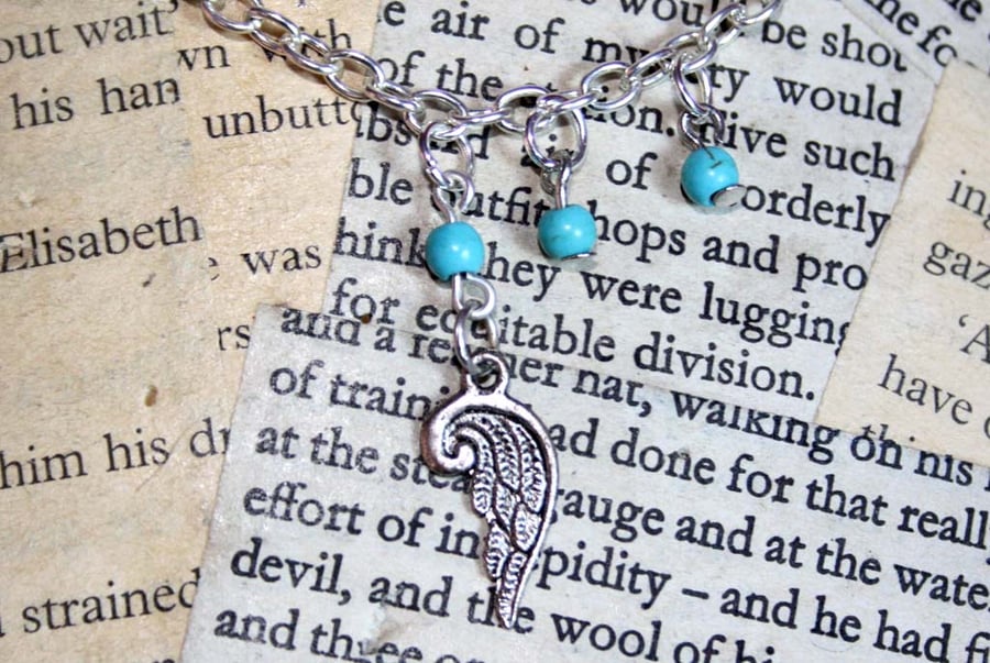 Silver Angel Wing Turquoise Bead Necklace