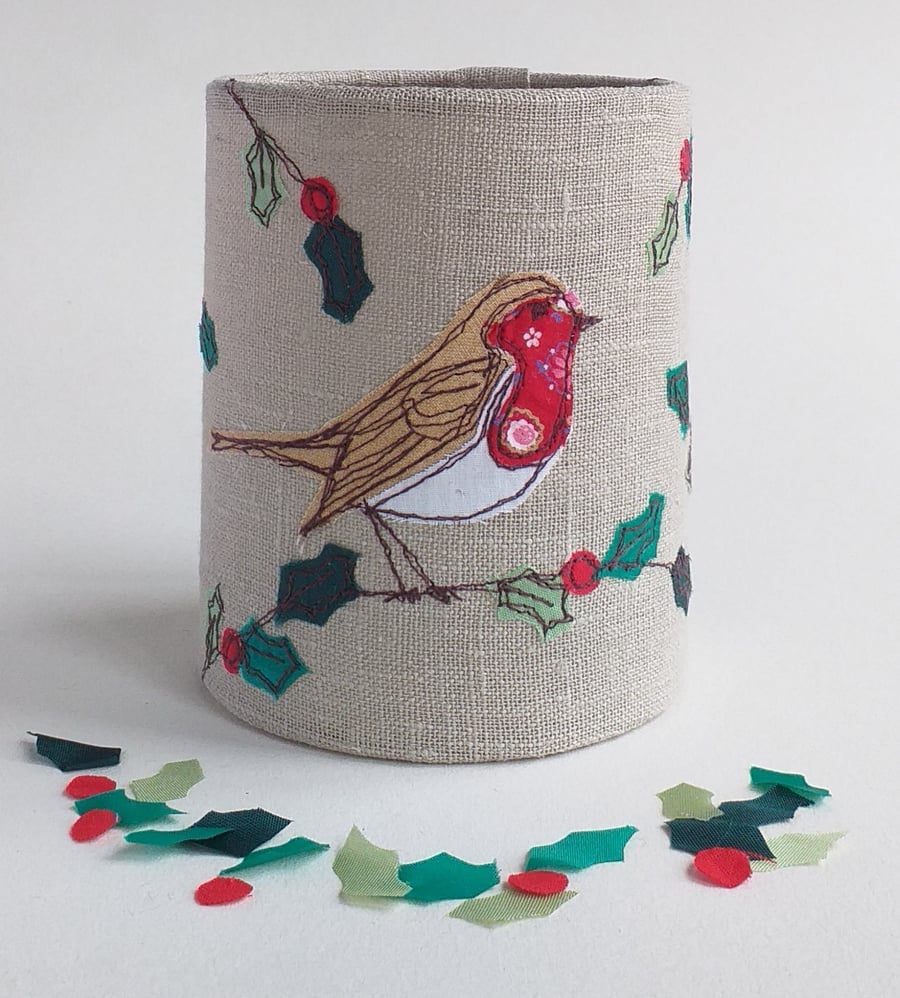 Robin Embroidered Lantern for Battery Tealight