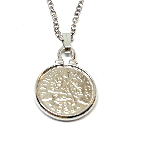 1934 90th Birthday Anniversary 3d Threepence coin pendant plus 18inch SS chain 